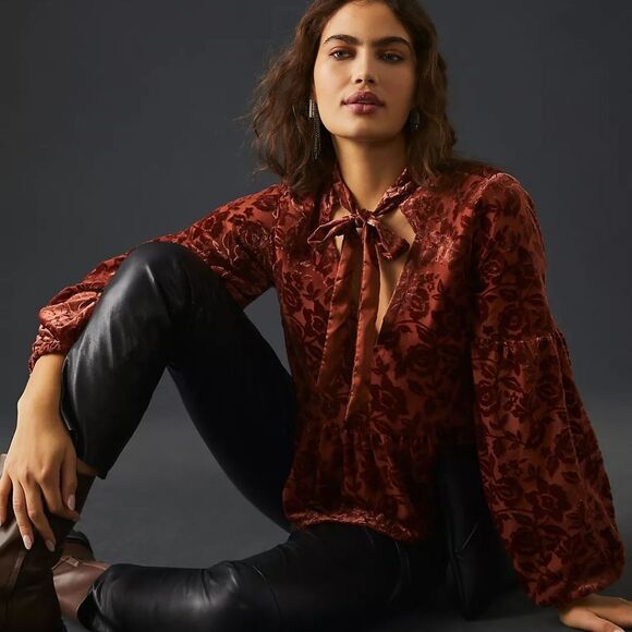 NWT Anthropologie Velvet Tie-Neck Blouse size M - Picture 4 of 13